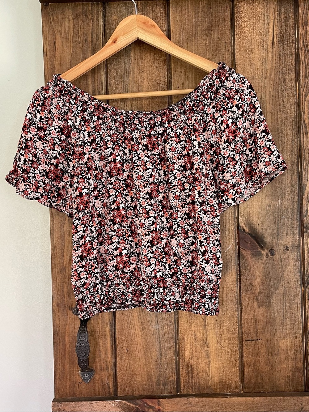 Urban Romantics Boho Floral Smocked Peasant Top Small Bohemian Festival